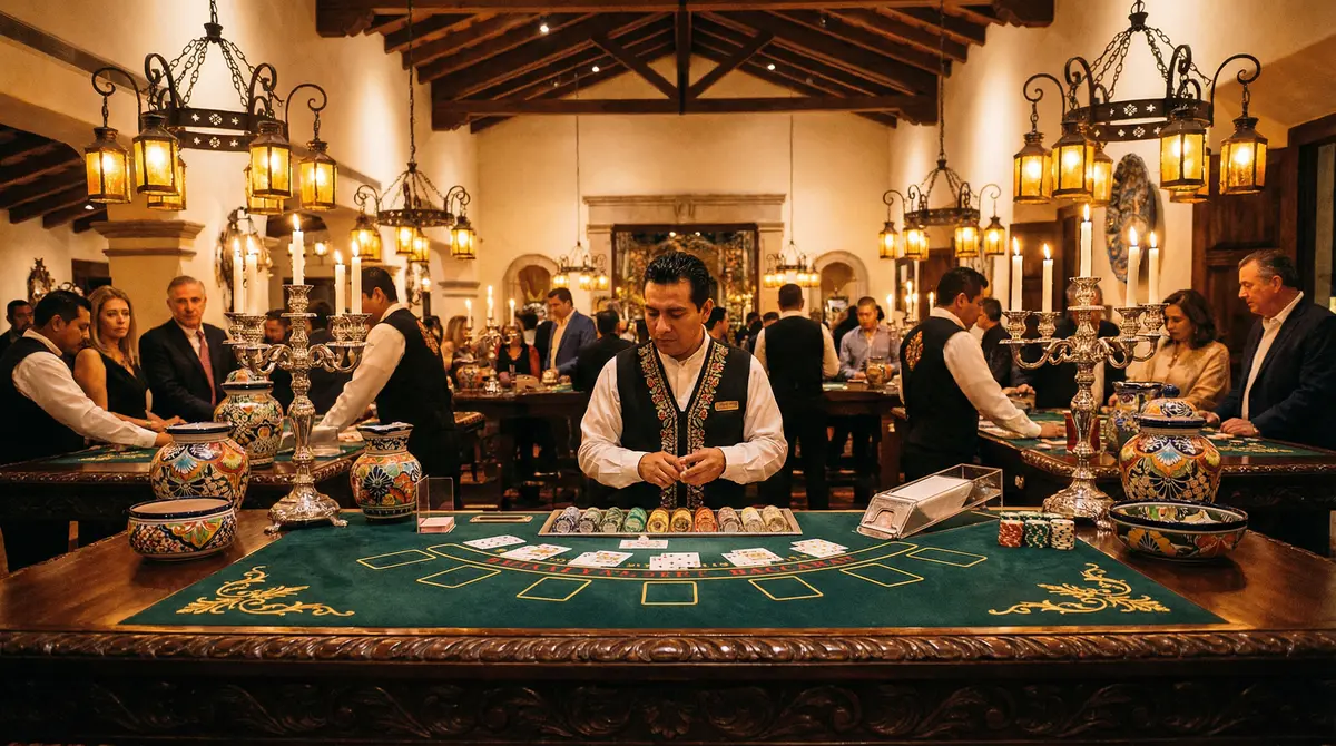 Mesa de bacará en hacienda mexicana lujosa con decoración elegante