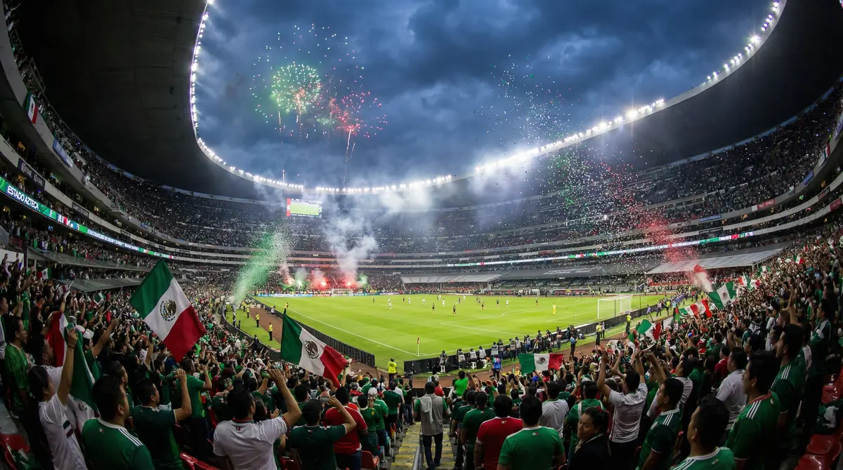 Estadio mexicano lleno de aficionados celebrando con bandera de México